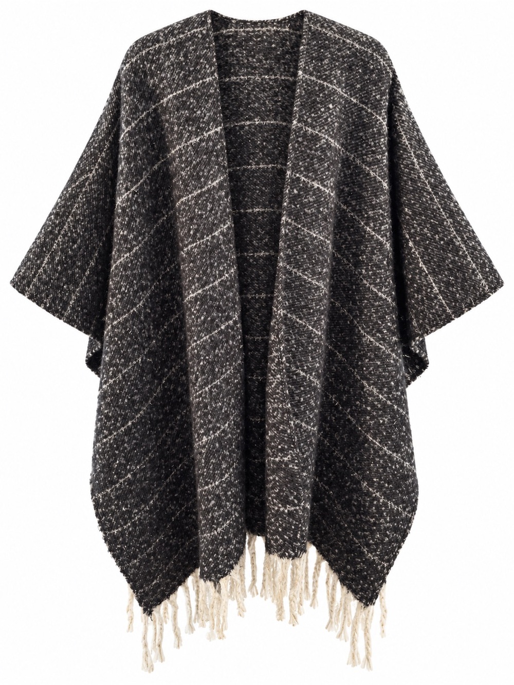 Woolrich One Size Charcoal Fringe Open Front Poncho Cape - Picture 3 of 4